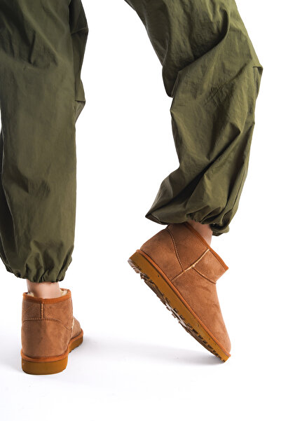 Shu Mhu Ug Model Düz Desen Taba Süet Içi Kürklü Kalin Taban Kadin Açık Taba Bootie