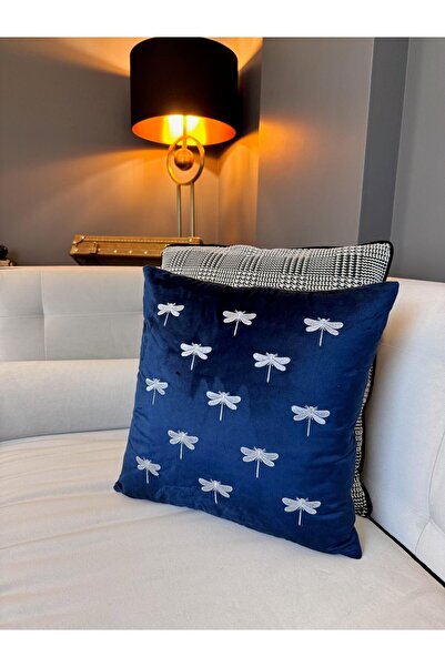 ref crea غطاء وسادة مطرز على شكل يعسوب صغير باللون الأزرق الداكن - فضي