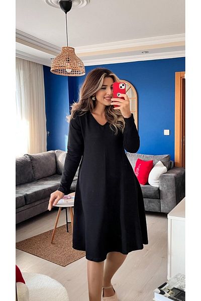 Moda Asmira Women's Long Sleeve V-Neck Loose Midi Two Thread Dress