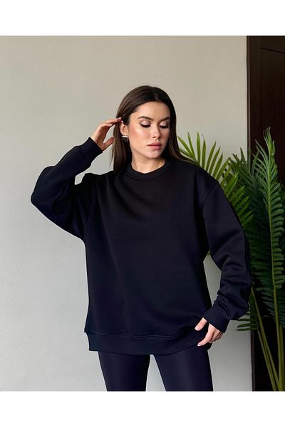 Butik Women's Black Crew Neck Basic Oversize Sweatshirt - Polor - Sweater