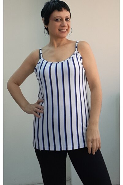 Mertcan Butik White Civit Blue Navy Patterned String Strap Combed Cotton Viscose T-Shirt