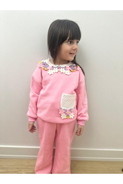 Kids Yakası Örgü Çiçek Detaylı Takım