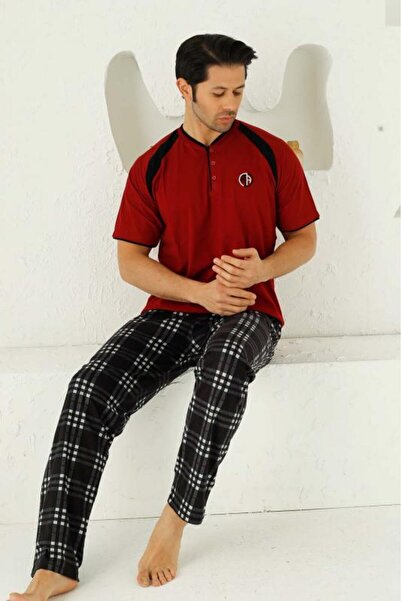 ALİMER Бордовий піжамний комплект з коротким рукавом для чоловіків 1192ky