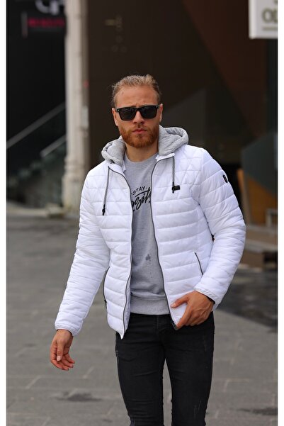 Wise Erkek Beyaz Penye Çıkarılabilir Kapüşonlu Şişme Mont