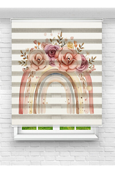 vanilyahome Kız Çocuk Odası İçin Desenli Baskılı Çiçekli Gökkuşağı Zebra Stor...