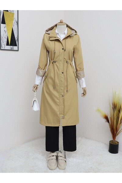 Modamorfo Kapşonu Çıkmalı Bağcıklı Trenckot -tarçın