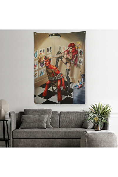 PAMUK'S DESİGN Şeytanı Yakalayan Dövmeci Kız Duvar Örtüsü - Halısı
