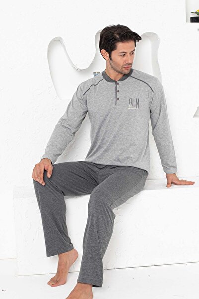 ALİMER Ανδρικό Σετ Πιτζάμες - Γκρι Κεντημένο Μακρυμάνικο Βαμβακερό Χτενισμένο 1187UY