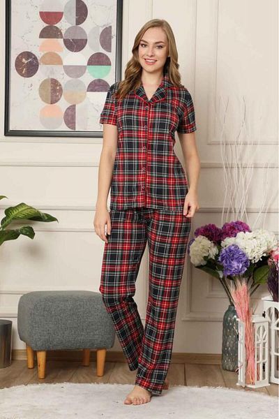 ALİMER Checkered Front Buttoned Short Sleeve Lycra Viscose Pajama Set 2523Ky