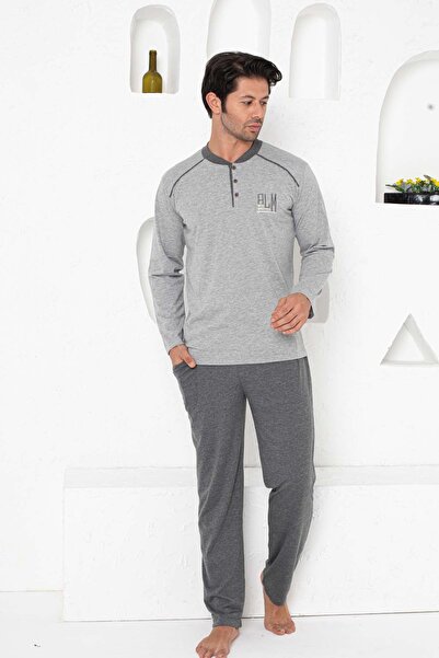 ALİMER Ανδρικό Σετ Πιτζάμες - Γκρι Κεντημένο Μακρυμάνικο Βαμβακερό Χτενισμένο 1187UY