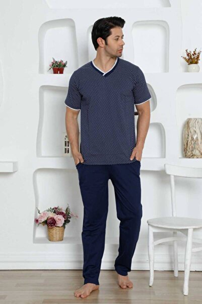 Generic Brand 1199KY Model Indigo Men's Short Sleeve Pajamas Set