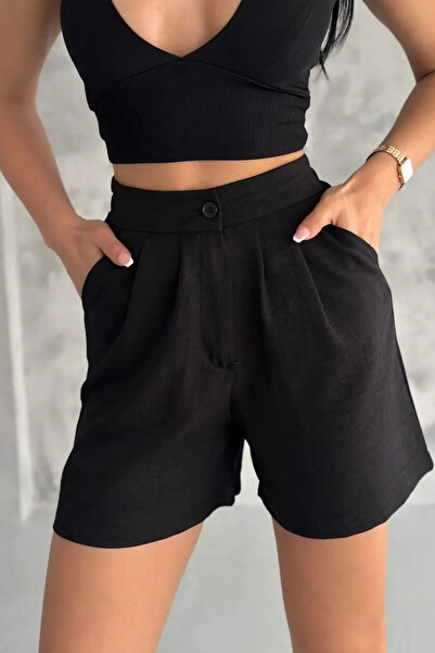 Swana Μαύρο λινό σορτς - Σχέδιο τσέπης