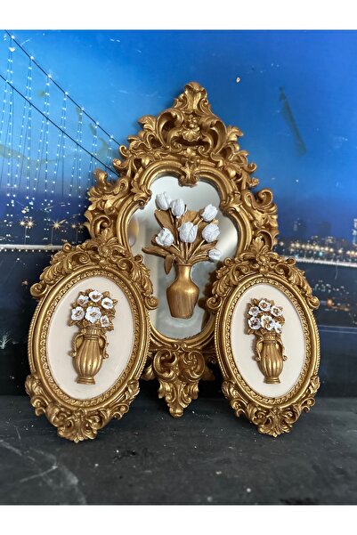 busraconcept Çiçekli duvar tablo 3lü set , ortadaki model aynalı 3lü set