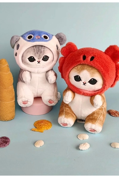 NB market Mofusand kırmızı balık şapkalı kedi peluş oyuncak 25cm mofusand seri kedi peluş uyku arkadaşı