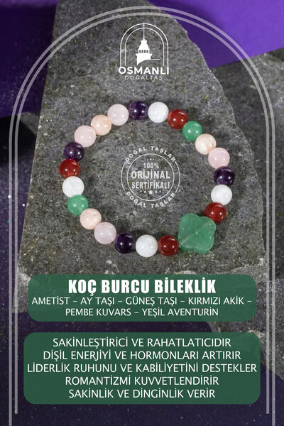 OSMANLI DOĞAL TAŞ Koç Burcu Doğal Taş 8mm Yonca Bileklik