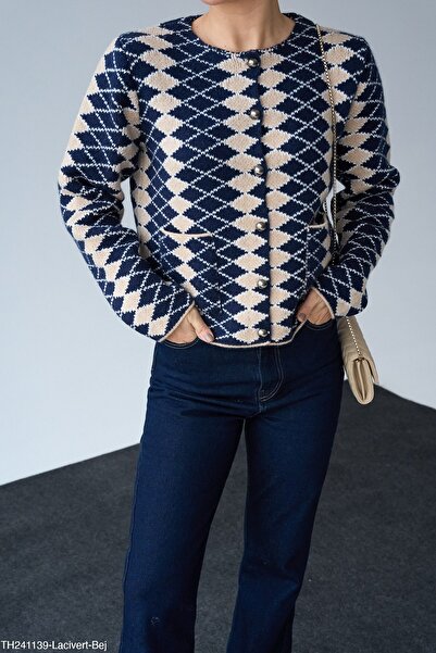 CADDELAMODA Women's Crew Neck Side Diamond Pattern Cardigan with Pockets