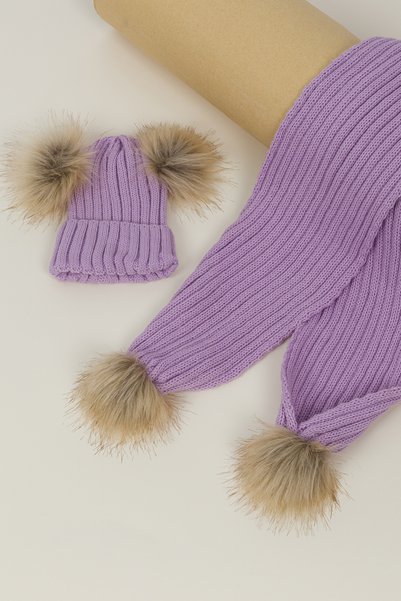 Lui Baby Unisex Çift Ponponlu Çocuk Atkı Bere Takımı