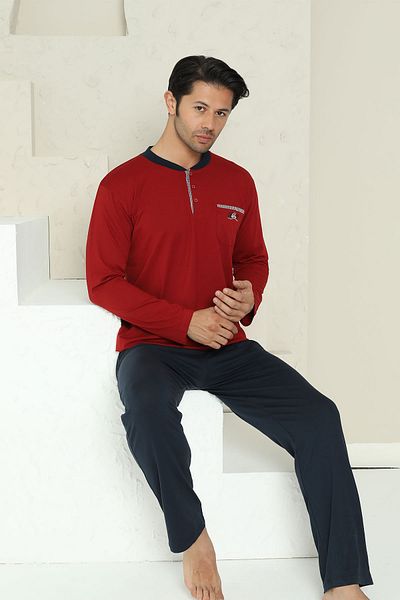 ALİMER Σετ ανδρικές πιτζάμες - Claret Red Crested Lycra Μακρυμάνικο Χτενισμένο Βαμβάκι 1194uy