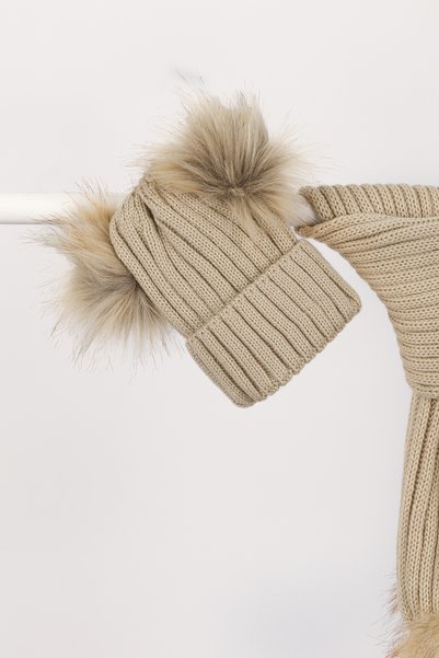 Lui Baby Unisex Çift Ponponlu Çocuk Atkı Bere Takımı