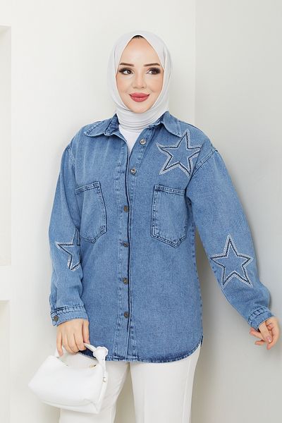 Pamuk Butik Γυναικείο τζιν πουκάμισο με κεντημένο πέτρα Star