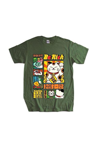 DEEFWEAR تي شيرت Lucky Japanese Cat Maneki Neko مطبوع باللون الكاكي للجنسين