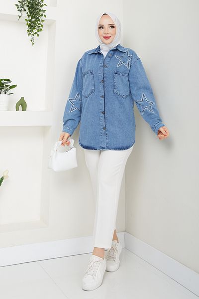 Pamuk Butik Γυναικείο τζιν πουκάμισο με κεντημένο πέτρα Star