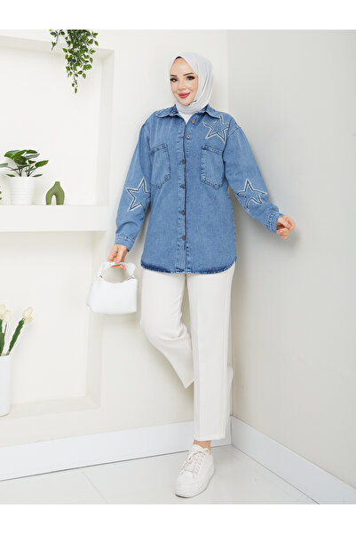 Pamuk Butik Kadın Yıldız Taş İşlemeli Kot Gömlek Ceket