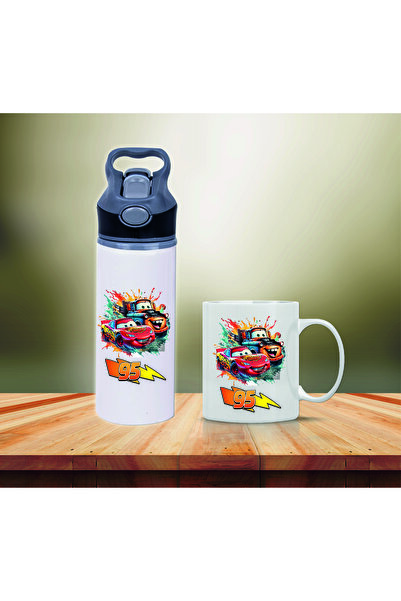 DKDZ SHOP زجاجة مياه وكوب معدني بطبعات لايتنينج من ماكيني مع شفاطة - 001