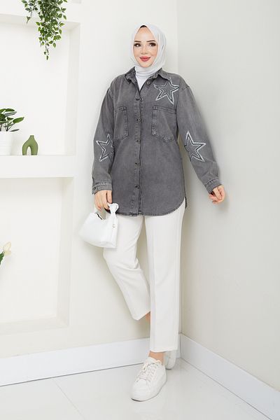 Pamuk Butik Γυναικείο τζιν πουκάμισο με κεντημένο πέτρα Star