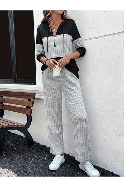 Moka Shopin Mokashopin Women's Long Sleeve Hooded Front Zip-Up Raster Camisole Blouse and Pants