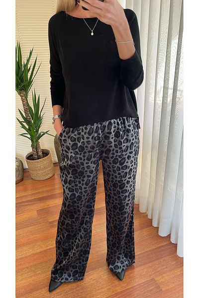 Flow Women's Black Satin Leopard Palazzo Trousers