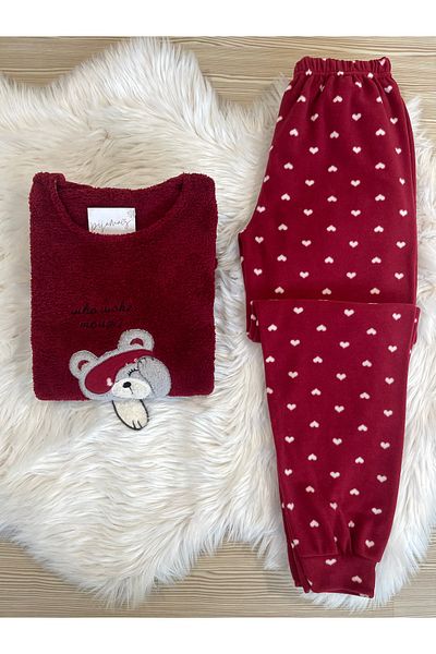 Pijamacs Burgundy Heart Patterned Fleece Pajamas Set with Front Plush Detail