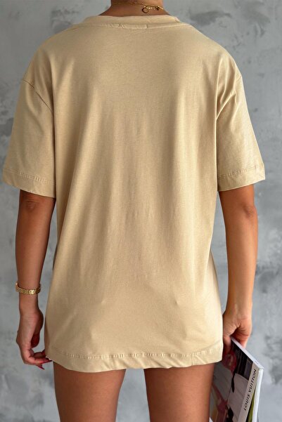 İstangül Butik Oversize Βαμβακερό T-shirt με V Λαιμό