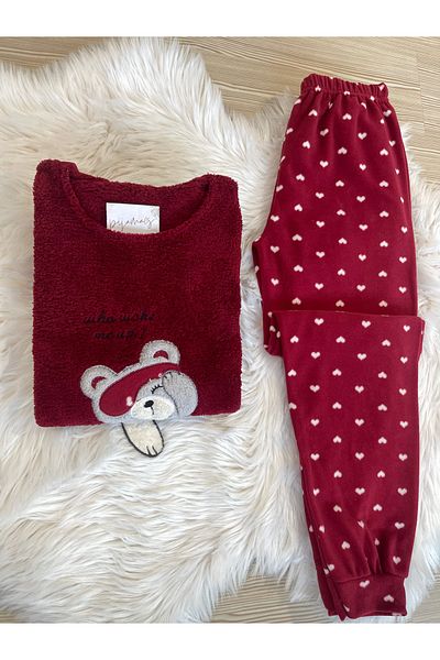 Pijamacs Burgundy Heart Patterned Fleece Pajamas Set with Front Plush Detail