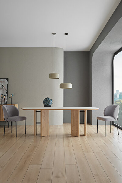 Enza Home Austin Elips Masa, Seramik Üst Yüzey - Açık Meşe