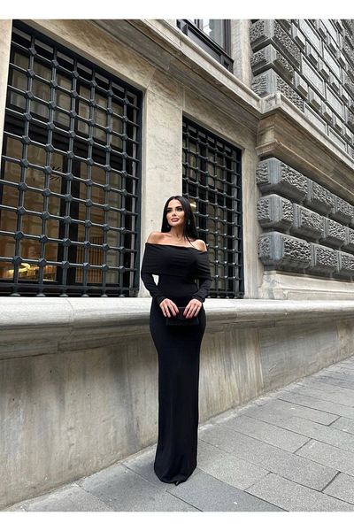 LB Laluna Butik Rochie de damă neagră cu guler Madonna, lungă, nisipoasă