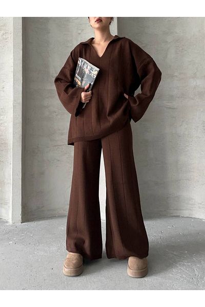 İLKCET MODA Комплект трикотажни изделия с V-образно деколте и широки крачоли