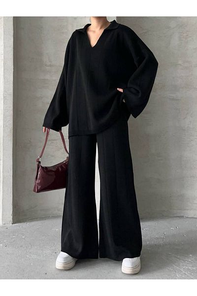 İLKCET MODA طقم ملابس تريكو برقبة على شكل حرف V وأرجل واسعة من الأسفل
