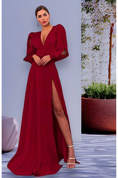 Modaayaz Long Sleeve Red Crepe Fabric Slit Detail Evening Dress