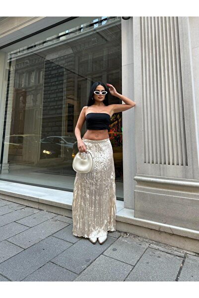 LB Laluna Butik Women's Cream Pleated Crinkle Look Long Satin Skirt