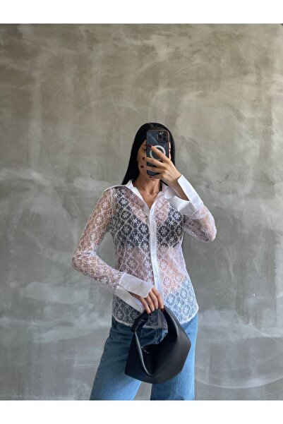 Lovely butik قميص نسائي كلاسيكي شفاف من الدانتيل بأساور سميكة