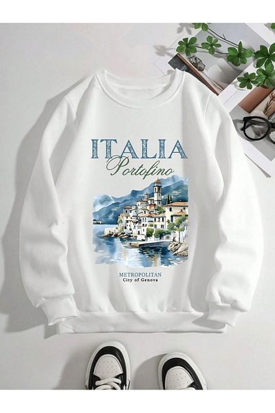 PALPİTO Γυναικείο φούτερ με λευκό ιταλικό Portofino με στάμπα με λαιμόκοψη