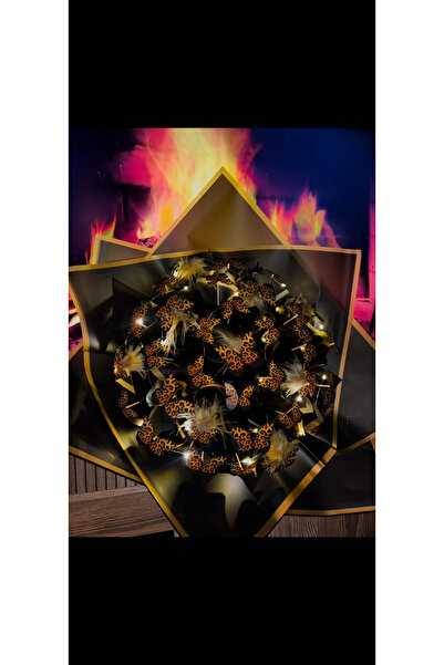 Store Led Işıklı Siyah Leoparlı Kelebekli Çiçek Buketi