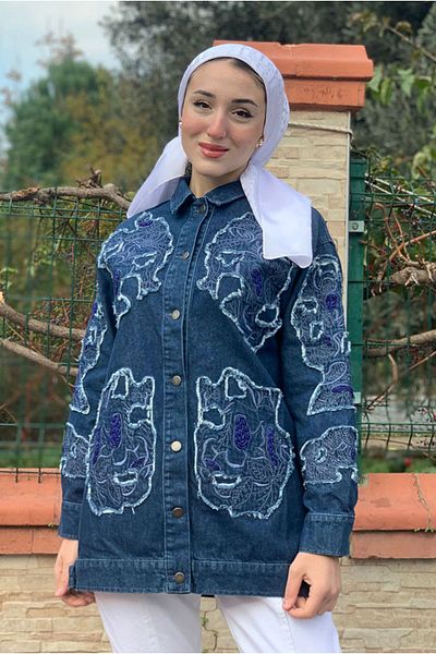 Moda Rosa 25K5328 - Dark Blue - Ethnic Embroidered Denim Jacket