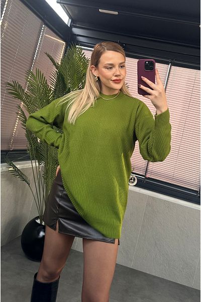 MİR STORE Khaki Color Half-Thigh Ribbed Oversize Sweater