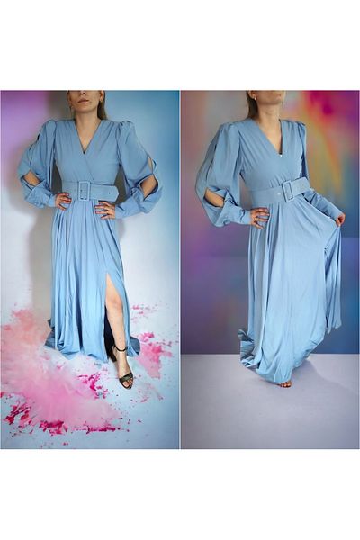 Modaayaz Rochie de seară cu mânecă lungă din țesătură BlueCrep, cu detaliu cu fante