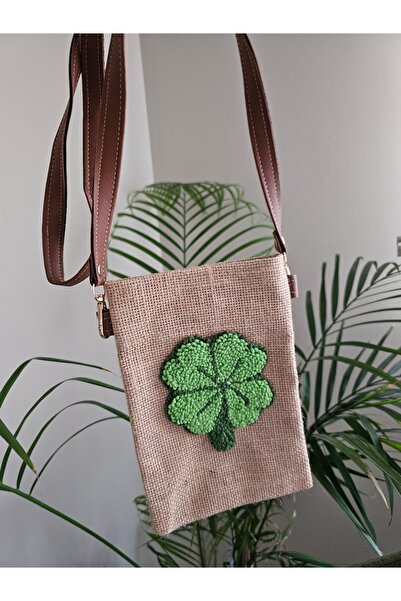 MAMS ACCESSORIES Jüt Çanta Punch Yonca İşlemeli Telefon Çantası