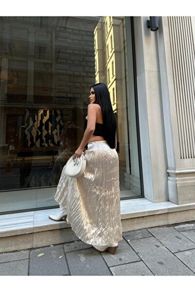 LB Laluna Butik Women's Cream Pleated Crinkle Look Long Satin Skirt