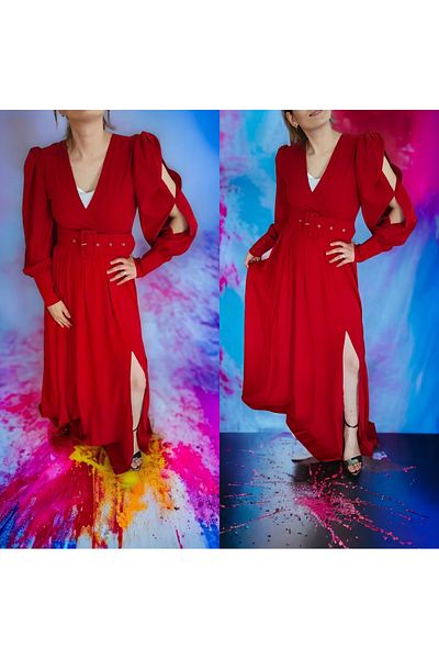 Modaayaz Long Sleeve Red Crepe Fabric Slit Detail Evening Dress