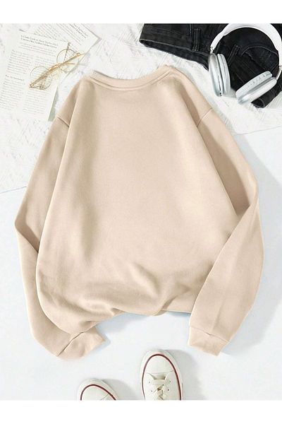 PALPİTO Γυναικείο φούτερ σε μπεζ Anti Social Printed Crew Neck Oversize